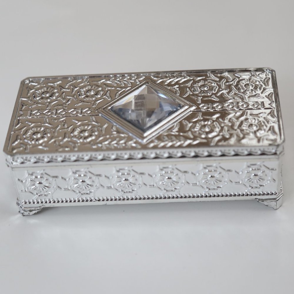 NWT Silver crystal studded carved box
